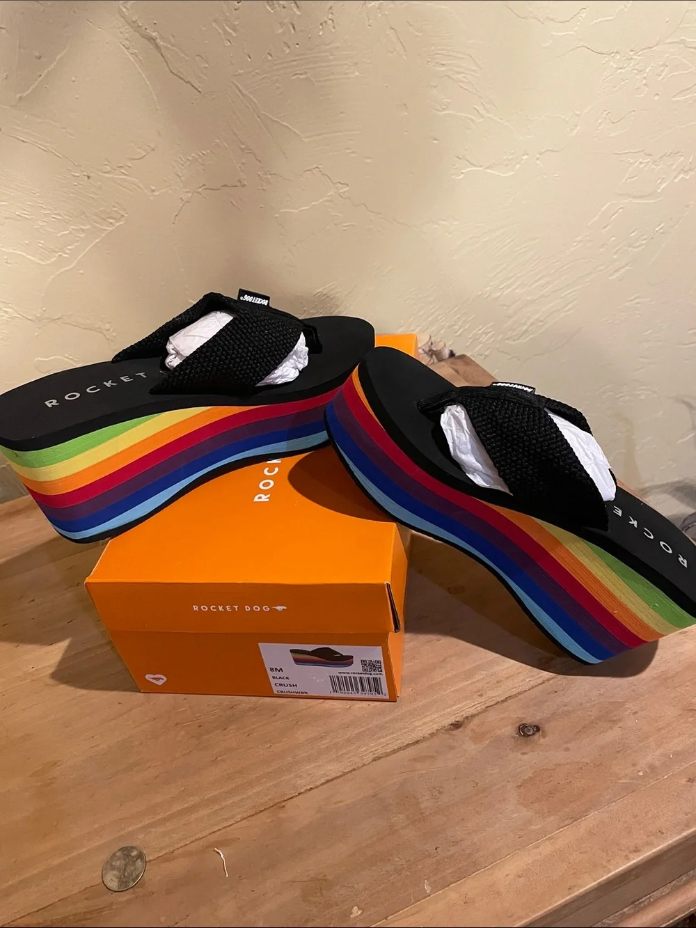 Rocket Dog Black Platform Flip Flops with Rainbow Stripes